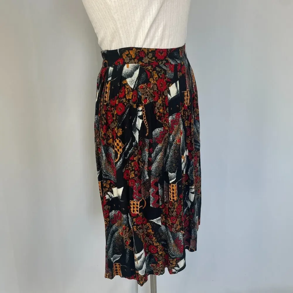 Vintage Midi Skirt Size 10 Petite 10P Black Red Mix Print Floral Preppy Academia